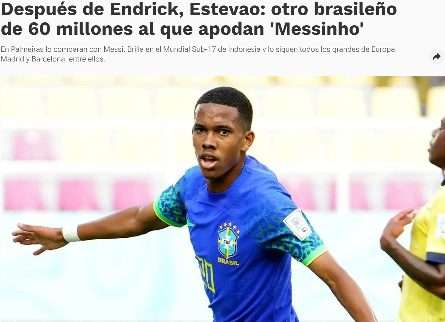 西媒：巴西小将u17世界杯表现出色，引皇萨、巴黎等队关注