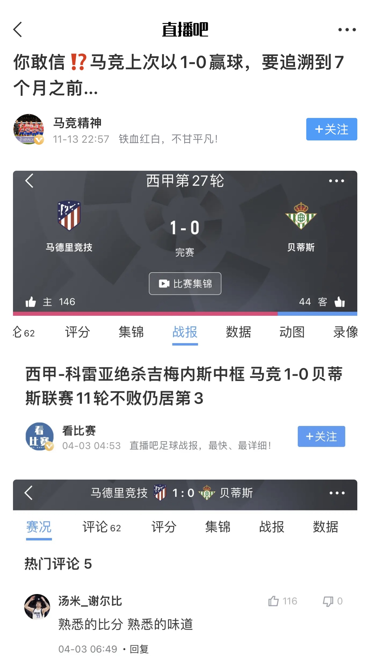 终于破荒❗马竞上一次1-0赢球，要追溯到237天之前...