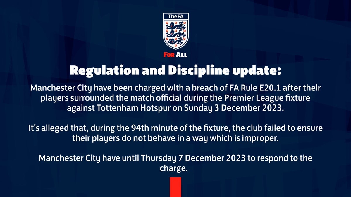 英足总官方：曼城因球员围攻裁判受指控，需在12月7日前进行回应