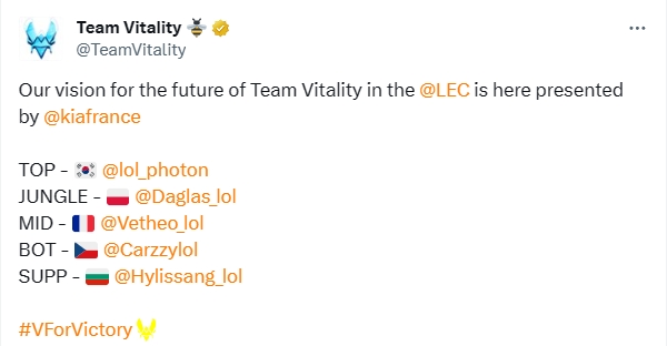 欧洲LEC赛区VIT官宣新赛季阵容：海里桑、Carzzy加盟，Mac主教练