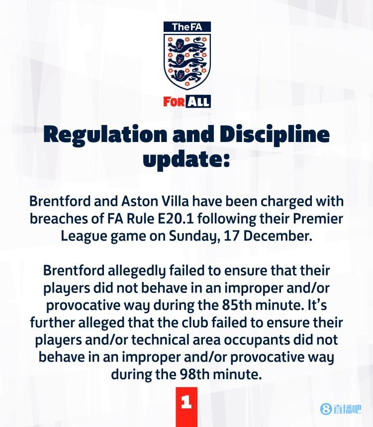 英足总：布伦特福德、维拉比赛期间违反英足总规则被指控