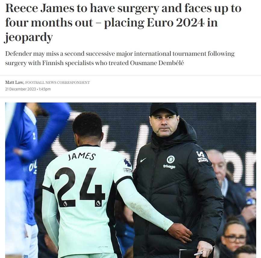 可能缺席欧洲杯🚨切尔西队长里斯-詹姆斯将手术，预计伤缺4个月