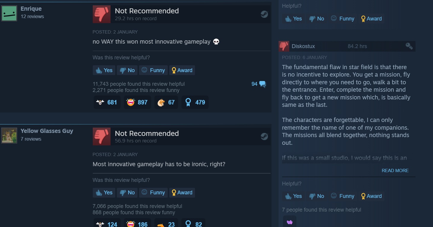 《星空》在赢下Steam创新玩法大奖后遭差评轰炸