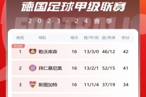 德甲积分榜：拜仁1-5惨败后联赛三连胜，仅落后榜首勒沃库森1分