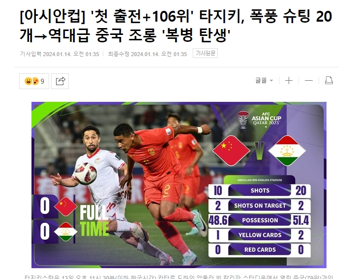 无奈?韩媒嘲讽国足：被排名106的对手打了20脚门，史无前例