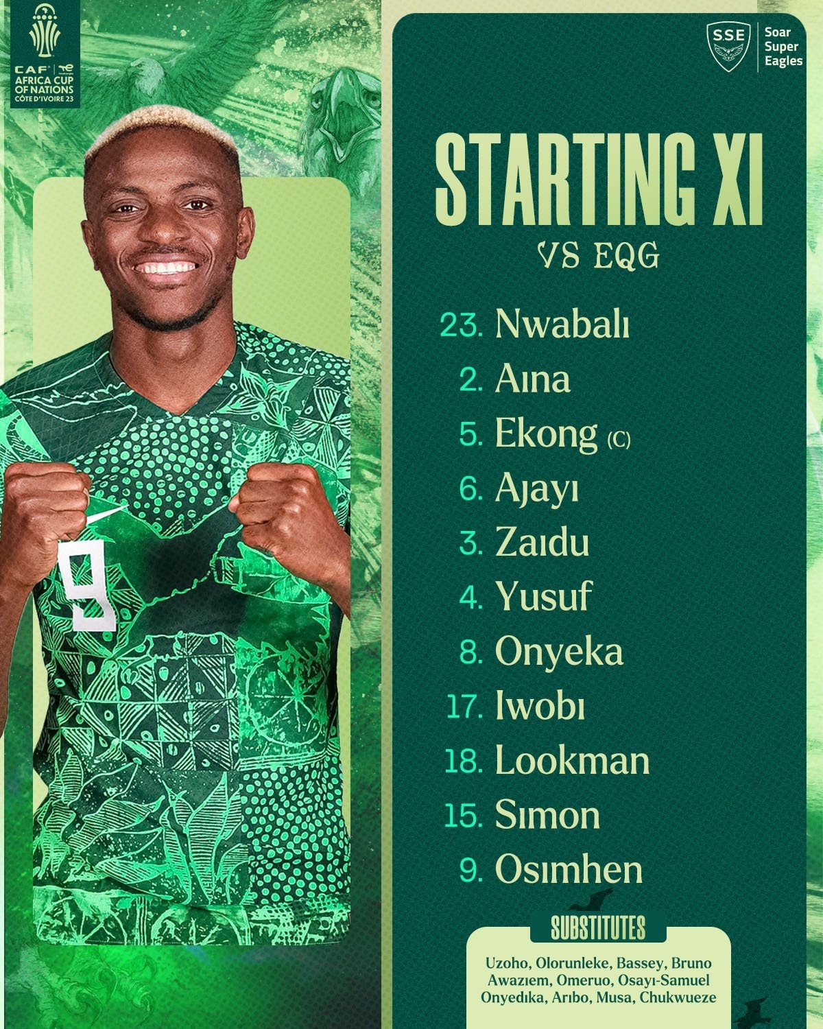 非洲杯-尼日利亚vs赤道几内亚首发：奥斯梅恩、伊沃比出战