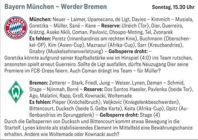 踢球者预测拜仁对不莱梅首发：凯恩、穆勒、萨内、德里赫特在列