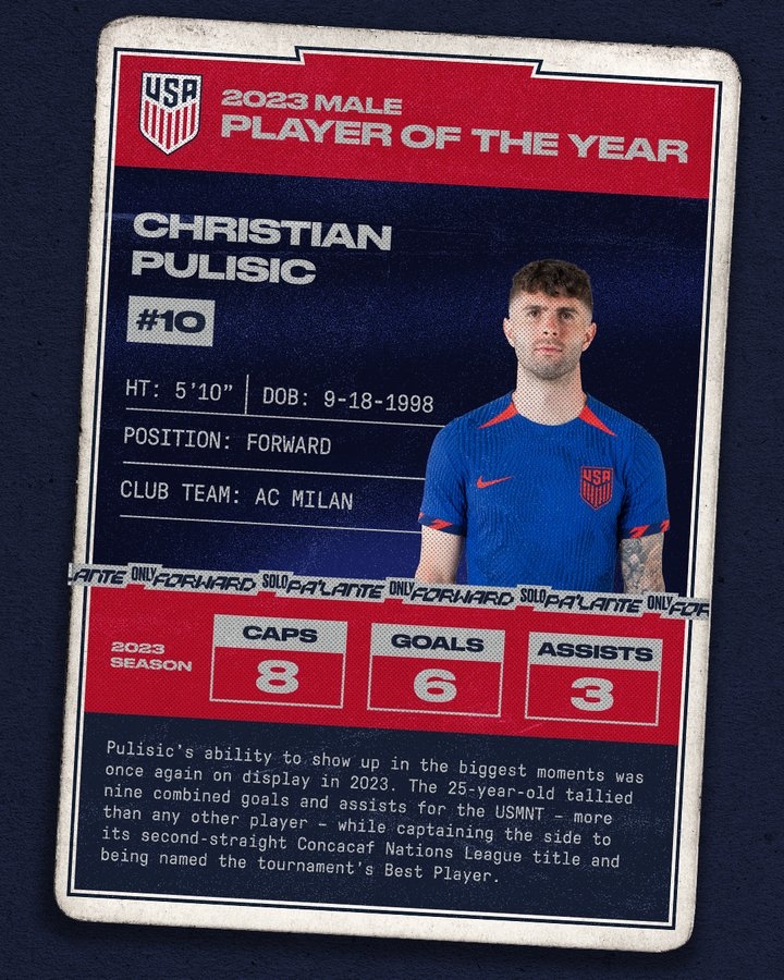 官方：普利西奇当选美国男足年度最佳球员，他出战8次参与9球