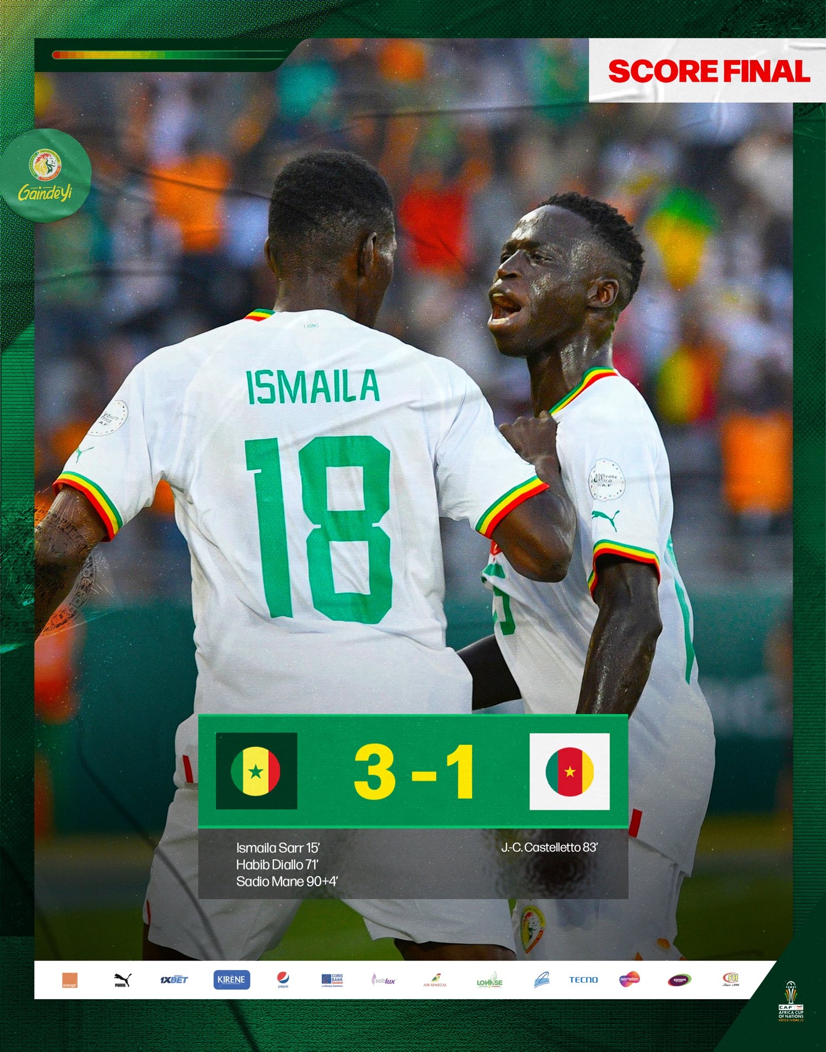 非洲杯-塞内加尔3-1喀麦隆两连胜提前出线 喀麦隆2轮1分暂居第3