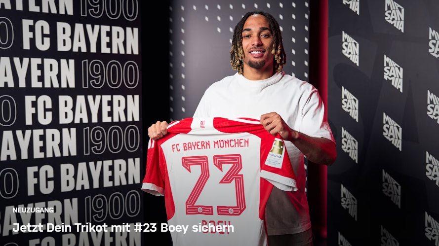 官方：拜仁慕尼黑新援博伊将身披23号球衣