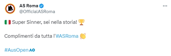 意大利小将辛纳夺澳网冠军，国米、米兰、罗马等意甲俱乐部送祝贺