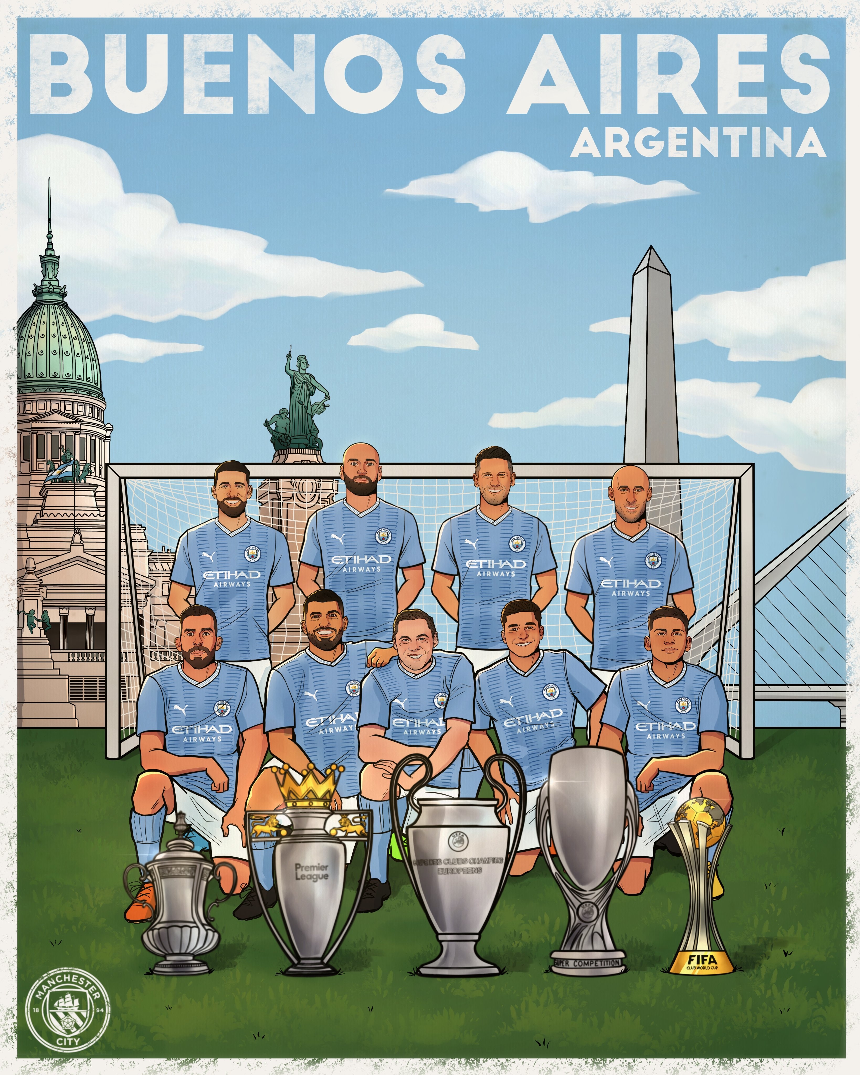 曼城三冠王奖杯巡展来到阿根廷，球迷排长龙&做小蜘蛛手势🕷️
