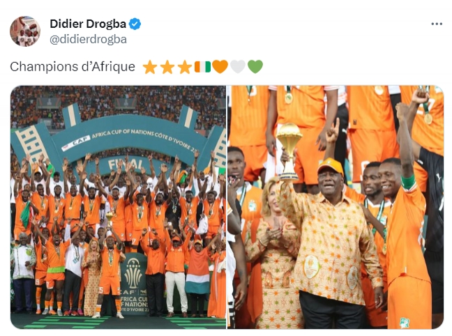 德罗巴社媒庆祝科特迪瓦非洲杯夺冠：我们是非洲冠军！