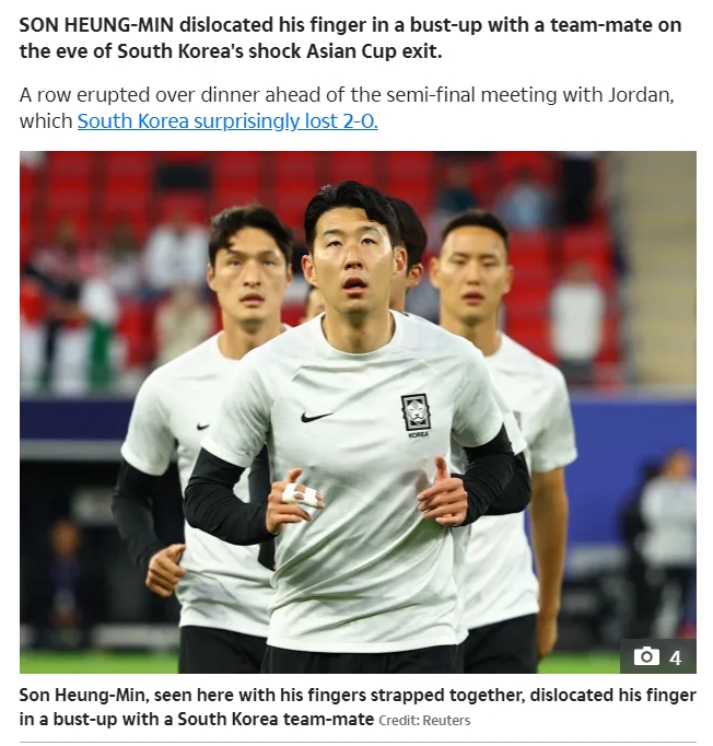 🤯内讧？太阳报：韩国亚洲杯出局前，孙兴慜与队友冲突手指脱臼