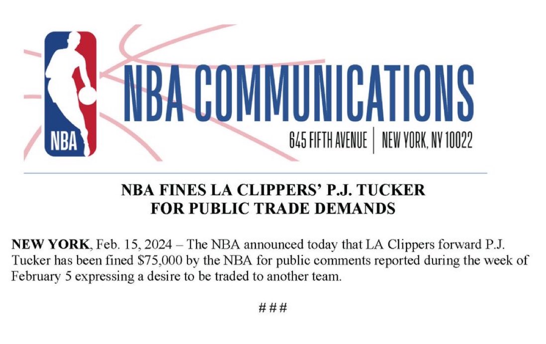 NBA官方：塔克因公开表示希望被交易到另一支球队被罚款75000美元