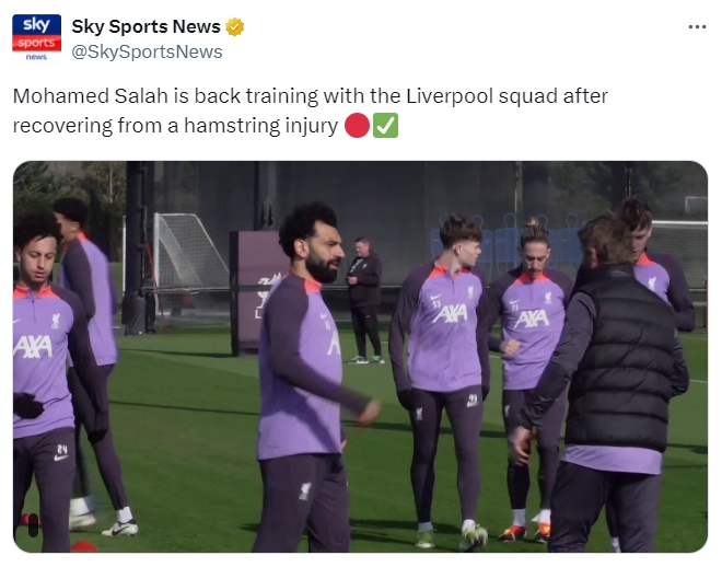 周日迎击曼城？天空体育确认：萨拉赫已经回归利物浦团队训练