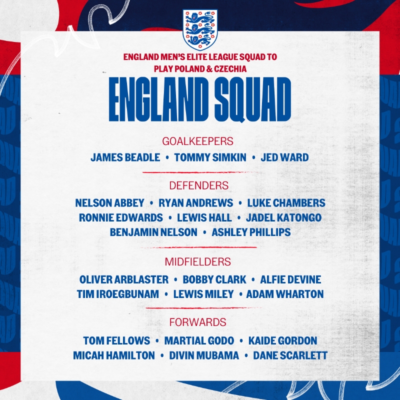 英格兰U20名单：卢克-钱伯斯、凯德-戈登、克拉克、霍尔在列