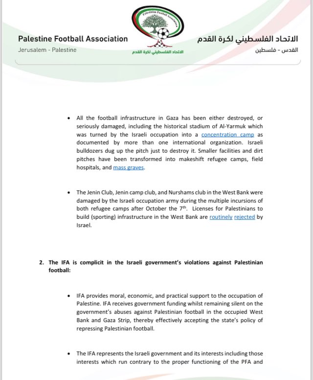 巴勒斯坦足协上诉FIFA：以色列严重违反国际法，请立即制裁以色列