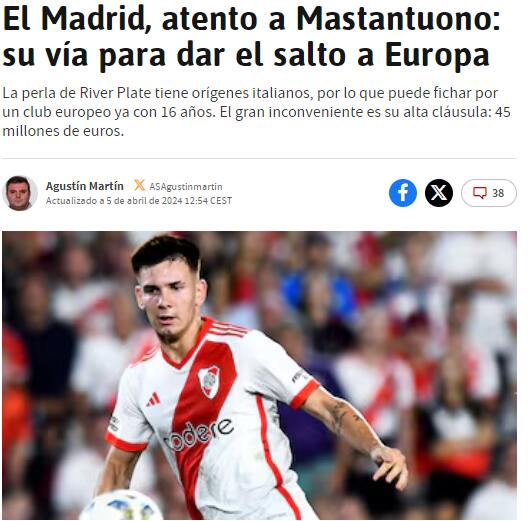 阿斯报：皇马有意16岁阿根廷小将马斯坦托诺，球员解约金4500万欧
