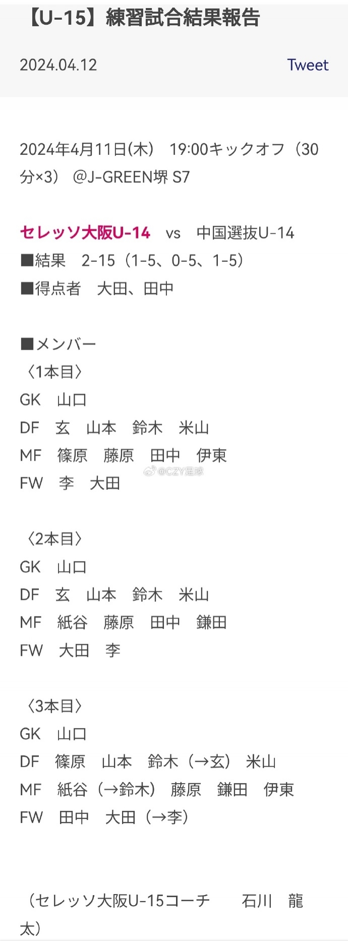 残暴！狂轰15球！U14国少15-2血洗日本大阪樱花梯队，每节轰5球