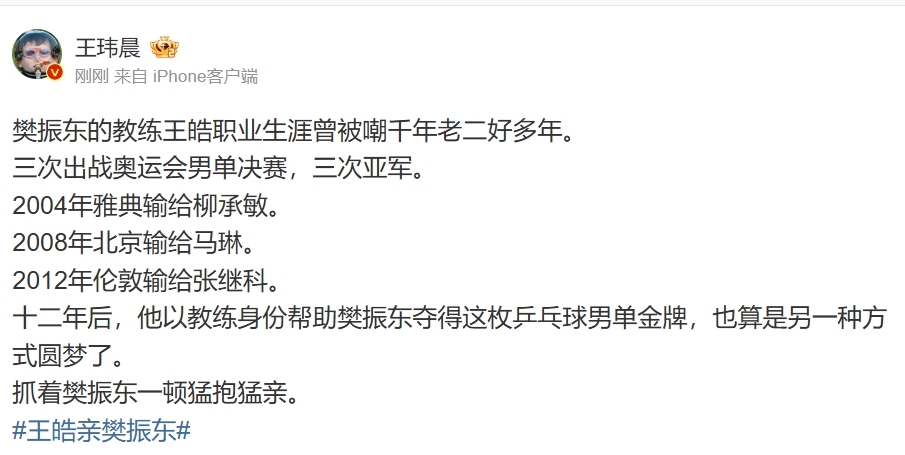 媒体人：王皓3个亚军被嘲讽千年老二太久了 圆梦抱着樊振东一顿亲