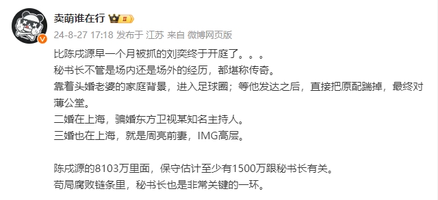 博主：刘奕靠头婚老婆进足球圈，陈戌源8103万至少1500万和他有关