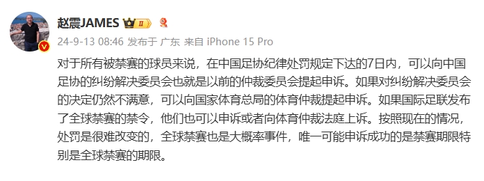 赵震：禁足球员在处罚下达7日内可以上诉，按目前情况处罚难改变