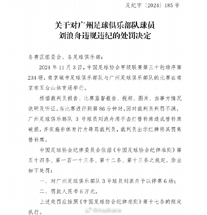 刘浪舟、张志雄1场自然停赛自动消除，6场停赛将跨赛季跨赛事执行