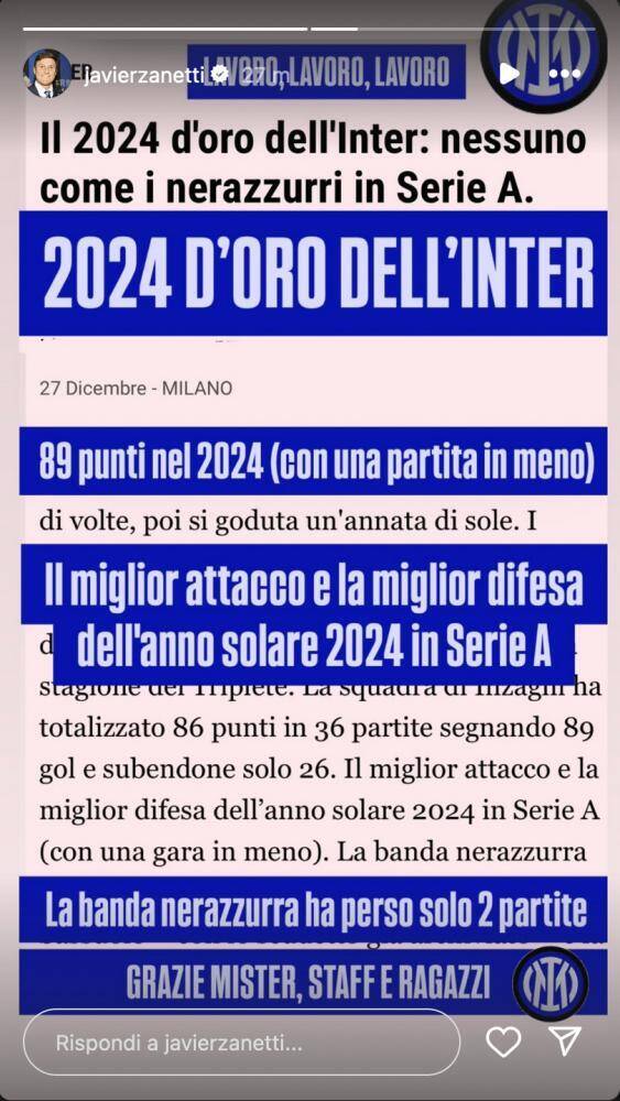 萨内蒂：黄金般的2024年，国米在本年度意甲少赛1场共拿到89分