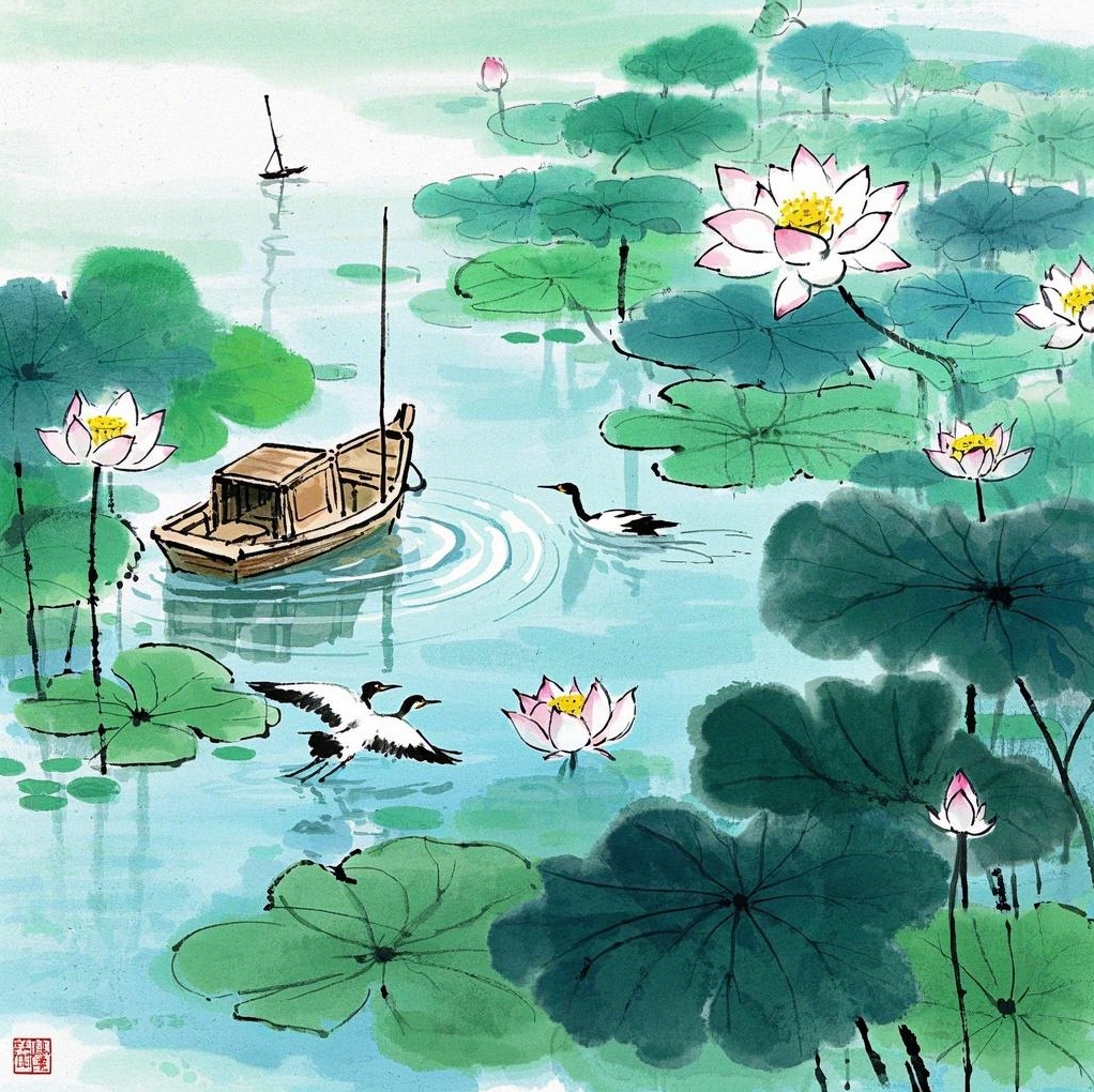 【AI绘画】小破船🚣‍♂️误入藕花🪷深处 惊起一滩水鸟🦤~