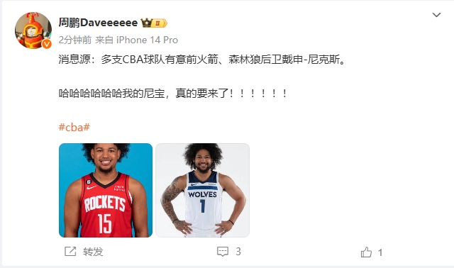 火箭旧将👀媒体人：多支CBA球队有意森林狼后卫戴申-尼克斯