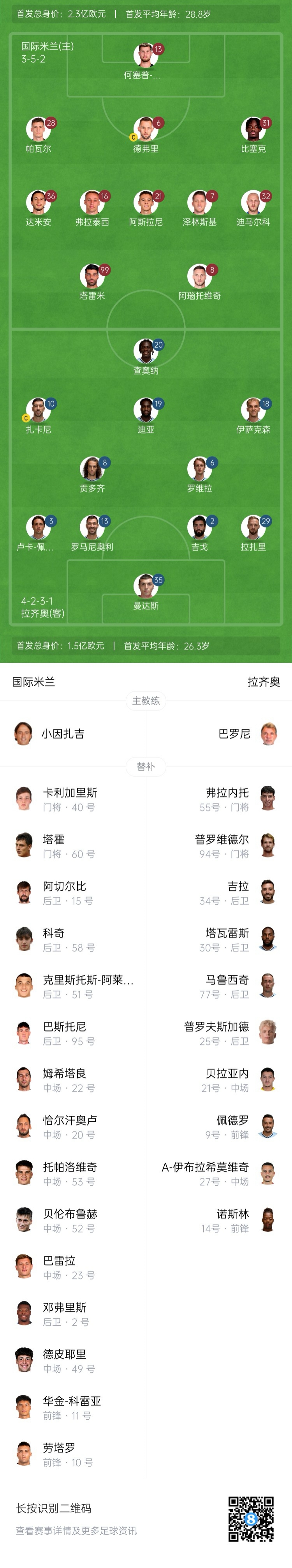 [推荐]意杯-国米vs拉齐奥首发：阿瑙、塔雷米先发，迪马尔科出战(图2)