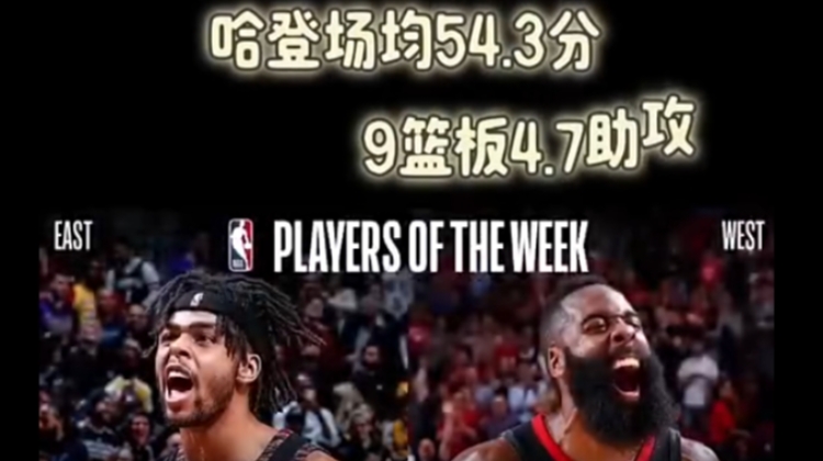 哈登和字母哥蝉联NBA本赛季常规赛最后一周周最佳