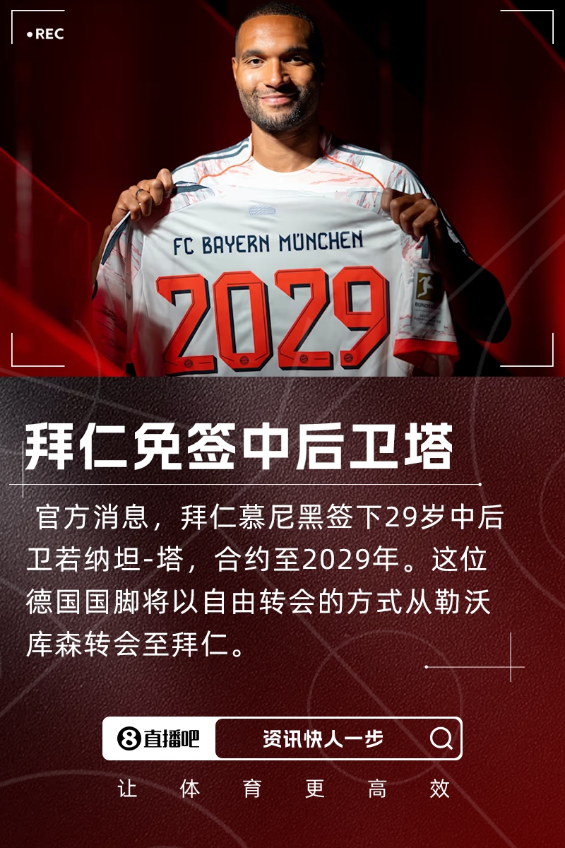 塔来了！官方：拜仁免签29岁药厂中后卫若纳坦-塔，签至2029年
