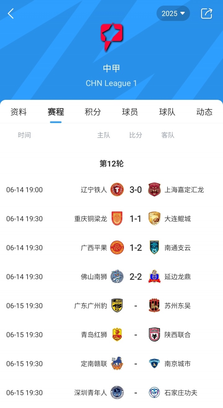 中甲积分榜：铜梁龙三连平丢掉榜首，辽宁铁人近10轮8胜2平登顶