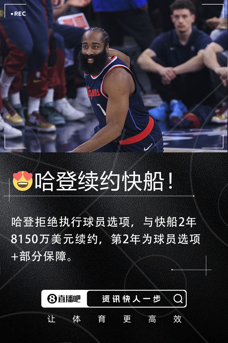 Shams：哈登将拒绝球员选项 与快船续约一份2年8150万美元合同
