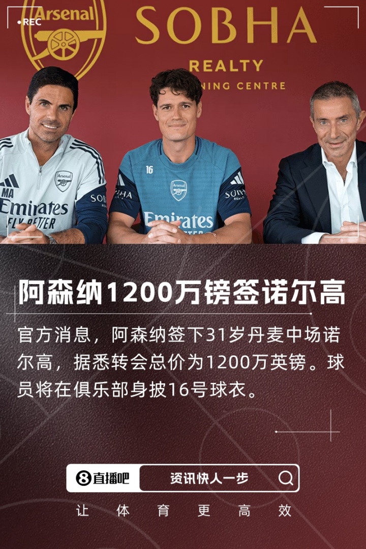 第三签！官方：阿森纳签下31岁丹麦中场诺尔高，总价1200万英镑
