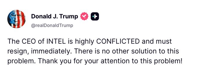 特朗普:英特尔华人CEO必须立即辞职 没有任何商量的余地!