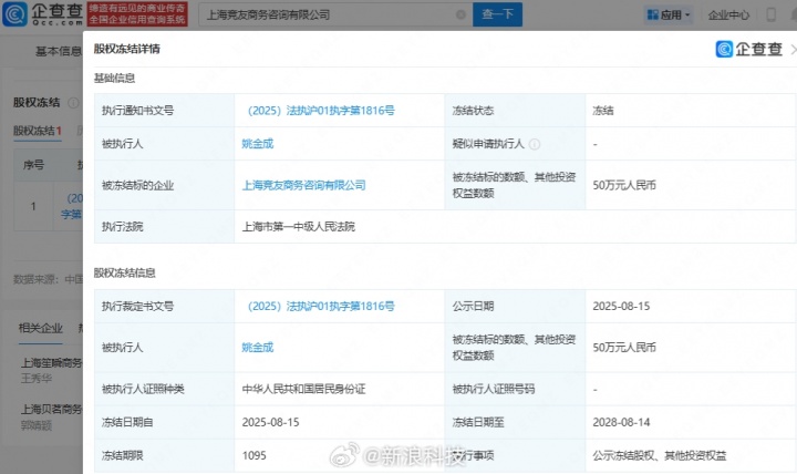 又双叒叕🤣企查查显示：RNG老板再被冻结50万股权 冻结期限为三年