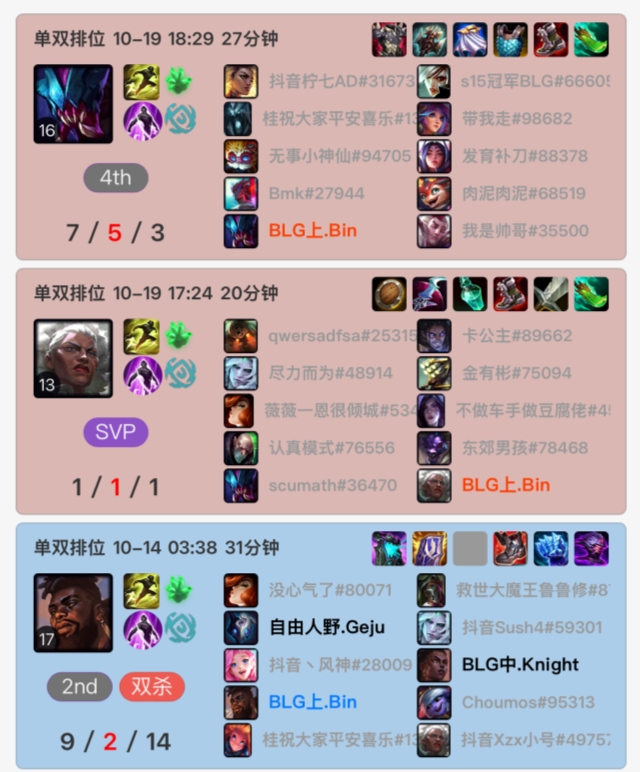 Bin时隔5天重新韩服Rank训练：一把挖掘机一把狼母，可惜都没赢