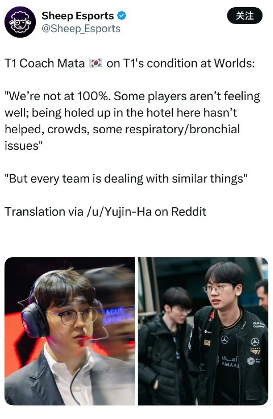 Mata回应T1比赛失利：我们还没完全恢复，有些队员感觉不太舒服
