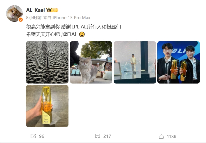 AL.Kael:很高兴能拿到年度最佳辅助奖项,感谢AL所有人和粉丝们