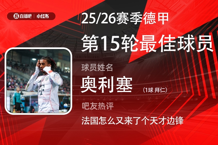 【有趣体育】直播吧X小红书|德甲第15轮最佳：奥利塞当选！助拜仁15轮不败(图1)