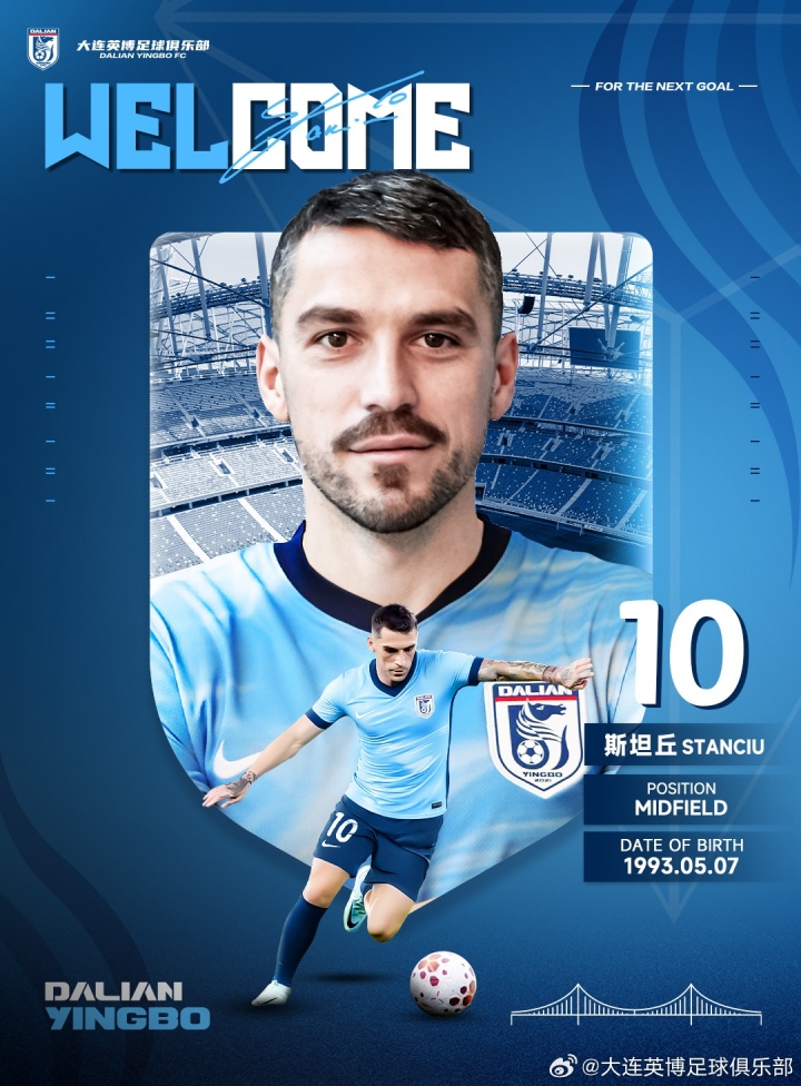 官方：大连英博签下32岁罗马尼亚国脚斯坦丘，球员曾随三镇夺中超