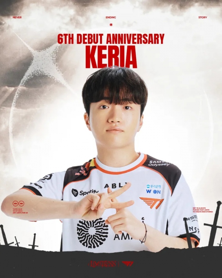 T1庆祝Keria出道六周年：祝我们的辅助Keria出道六周年快乐