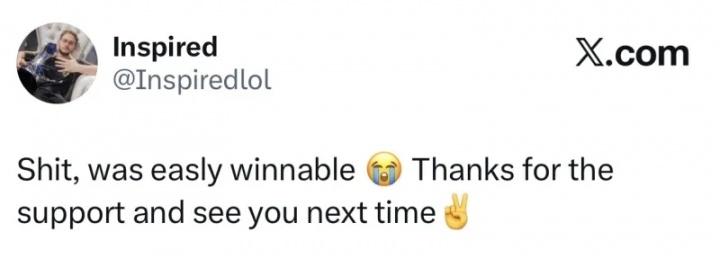 你还委屈上了?Inspired更新社媒:可恶,本来可以赢的,下次见【球盟会】