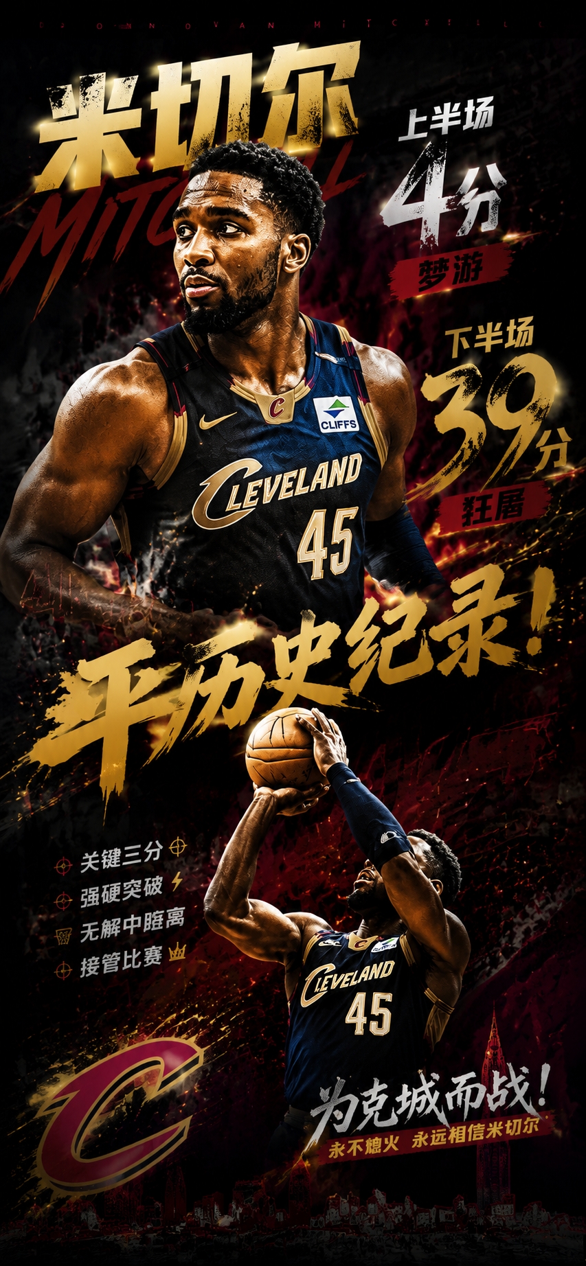 杀神归来！米切尔上半场4分梦游 下半场狂屠39分平历史纪录！