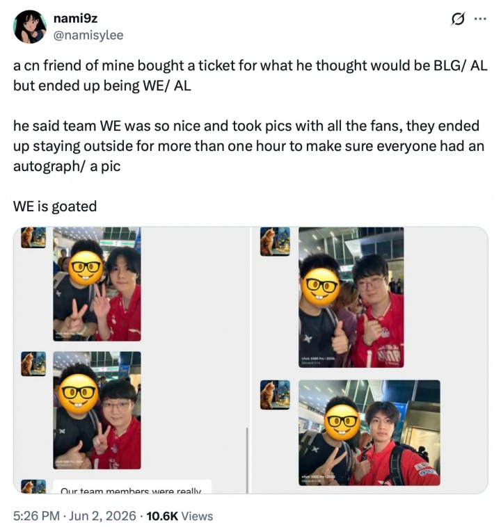 外网网友为WE选手点赞：户外待了一个多小时，保证粉丝能拿到签名、合照