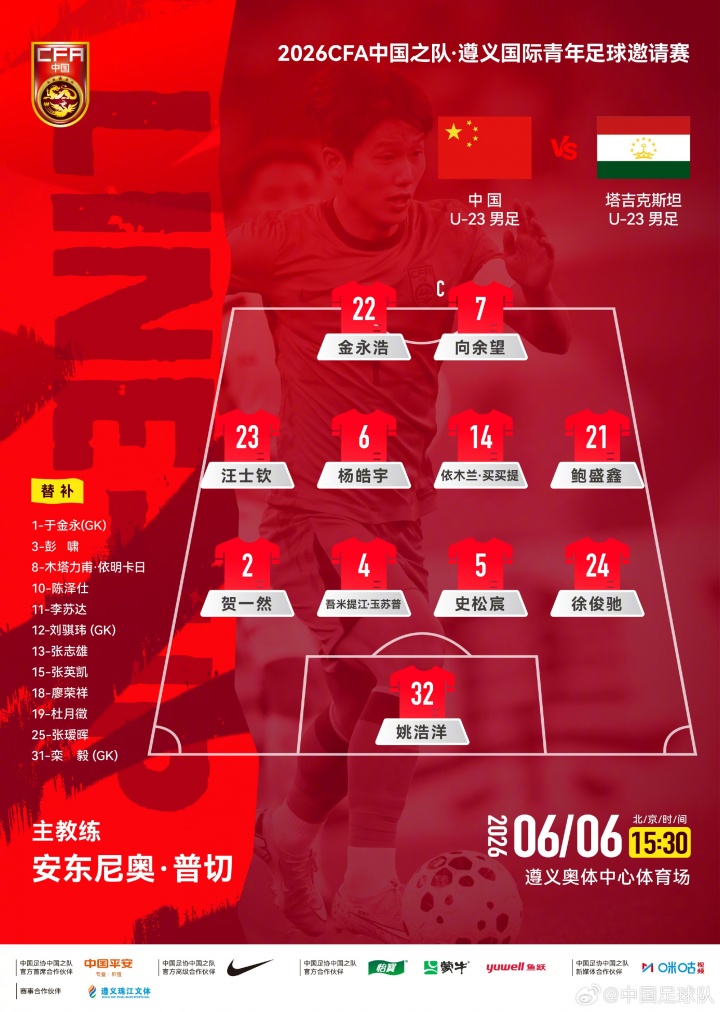 【有道理嘛?】442！U23国足官方阵型：向余望 金永浩突前，汪士钦 鲍盛鑫边前卫(图1)