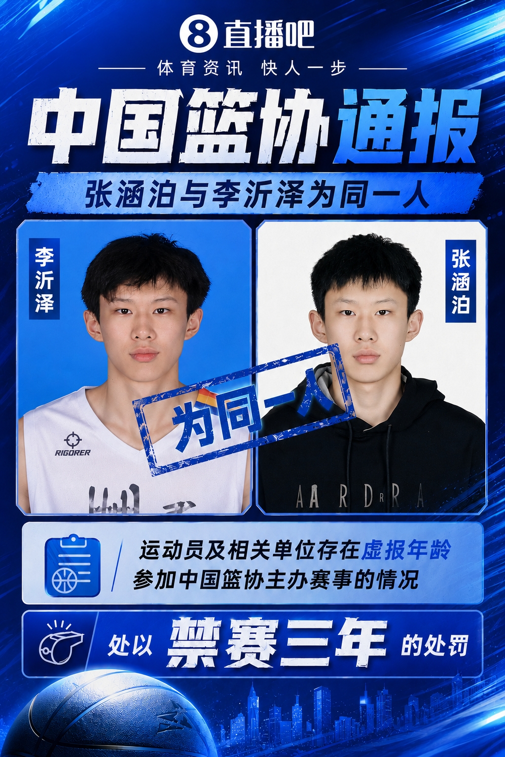 篮协通报：张涵泊与李沂泽为同一人 存在虚报年龄行为 禁赛三年！
